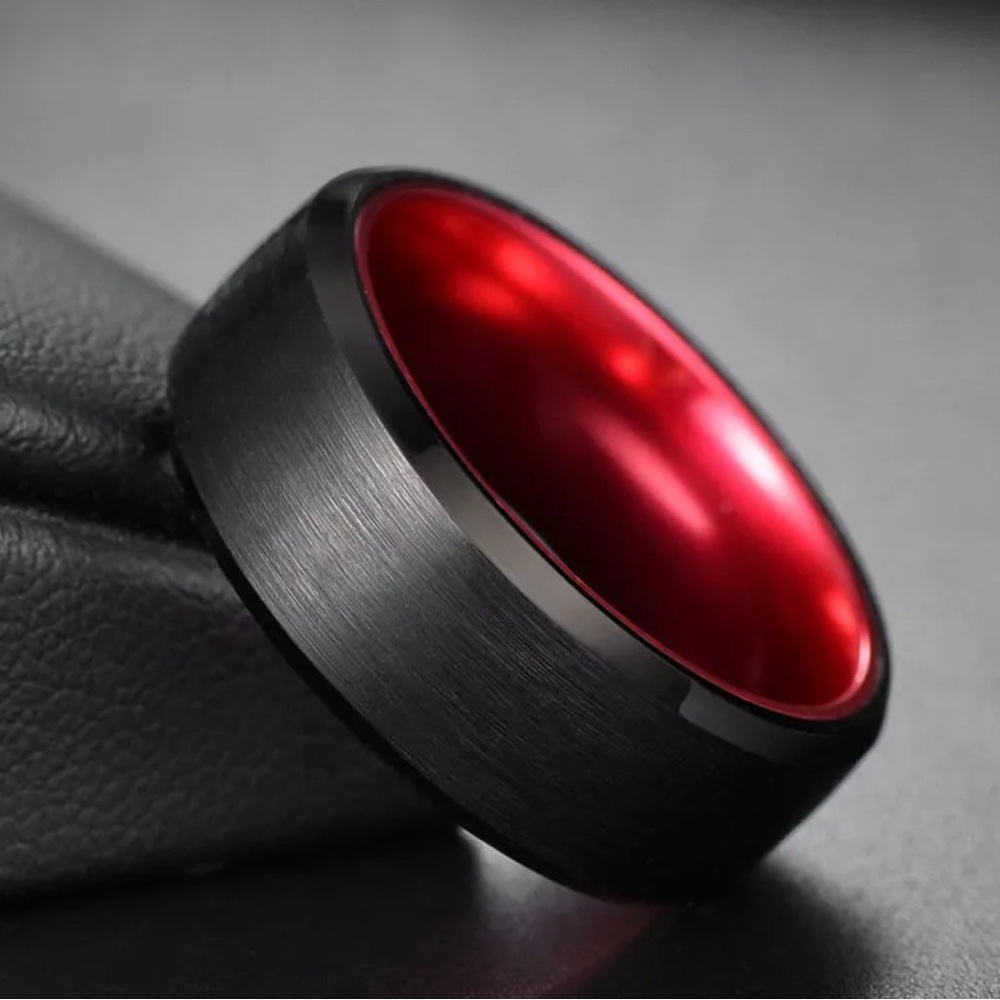 Men's 10mm Black Stainless Steel Ring, Two Tone Brushed Ring